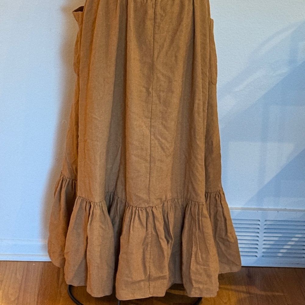 Doen Pennisula Dress Pinafore Elegant Tan/Pumpkin color with Pockets ruffles VGC - Picture 8 of 14